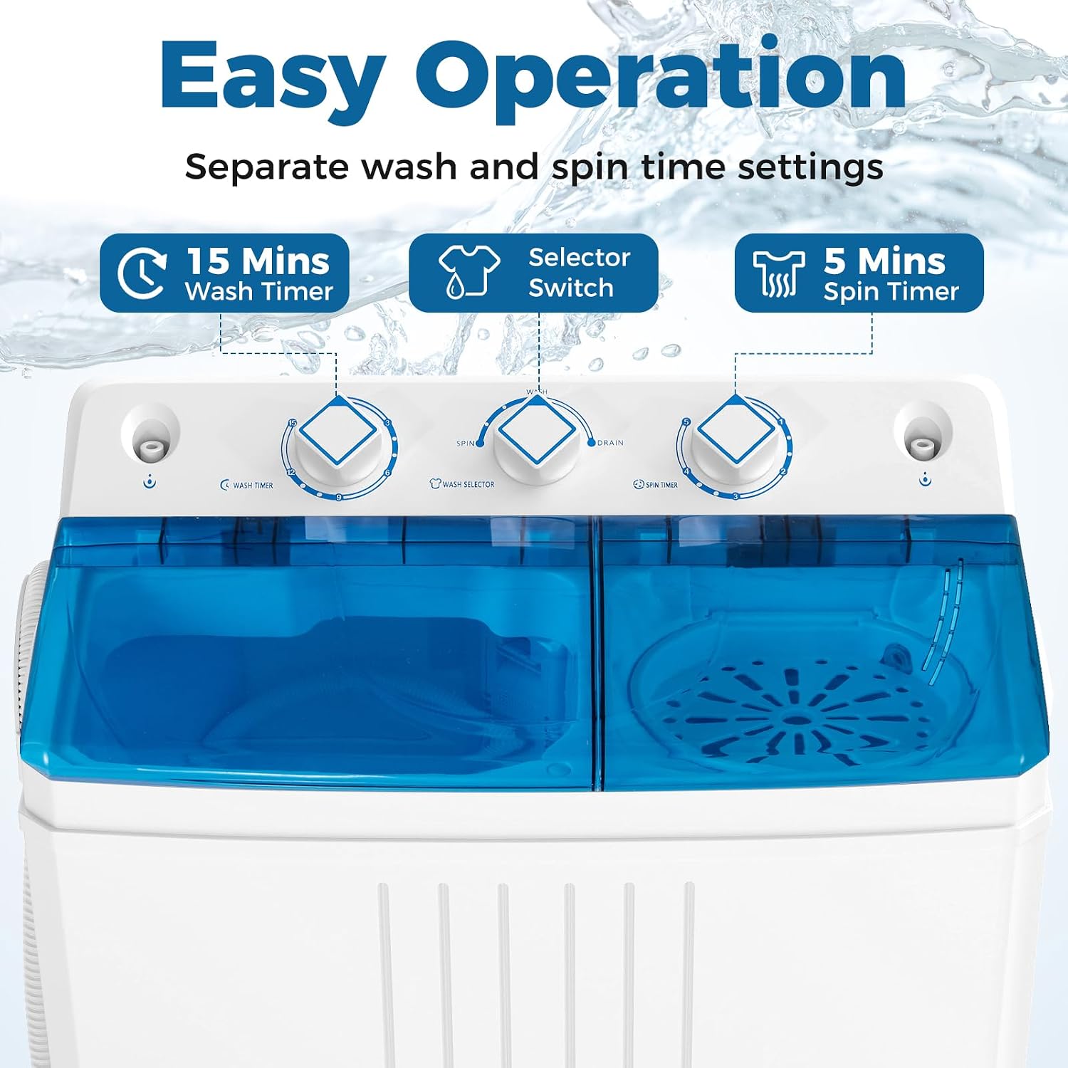 COSTWAY Portable Washing Machine, Twin Tub 20 Lbs Capacity with Drain Pump, Laundry Washer 12 Lbs and Spinner 8 Lbs with Timer Control, Perfect for Apartment Dorm RV, Blue+White