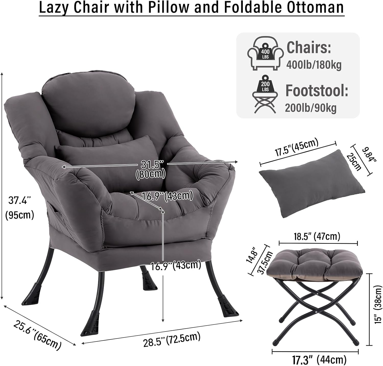 Lazy Chair with Ottoman, Modern Accent Chair with Lumbar Pillow, Dark Grey Sofa, Armchairs with Folding Footrest, Oversized Supportive Chairs for Bedroom, Reading