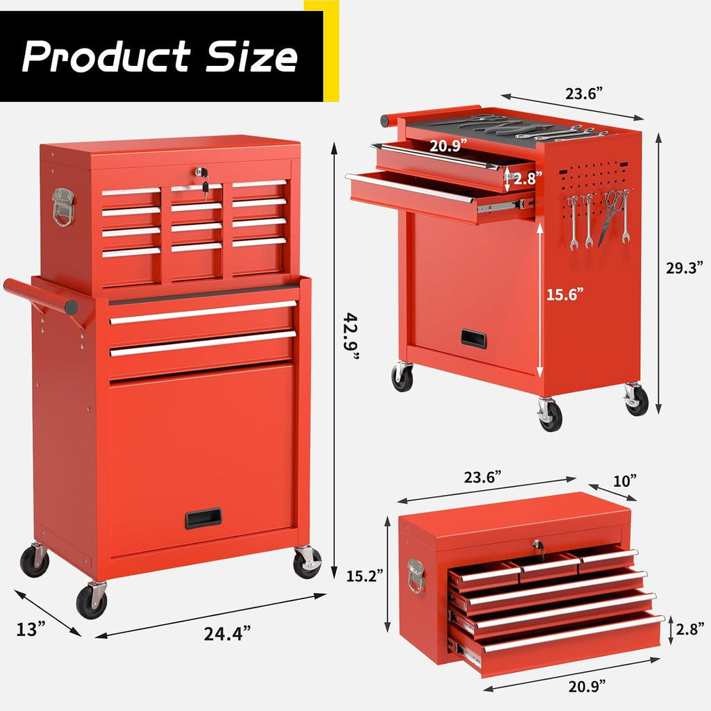 On Shine 8 Drawer Rolling Tool Chest, Large Capacity Rolling Tool Box with Wheels, Locking Mechanical Tool Chest, Portable Tool Box with Sliding Drawers,Metal Tool Box for Garage Workshop (Red)