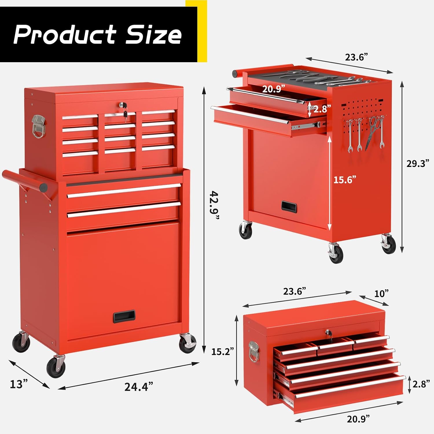 On Shine 8 Drawer Rolling Tool Chest, Large Capacity Rolling Tool Box with Wheels, Locking Mechanical Tool Chest, Portable Tool Box with Sliding Drawers,Metal Tool Box for Garage Workshop (Red)