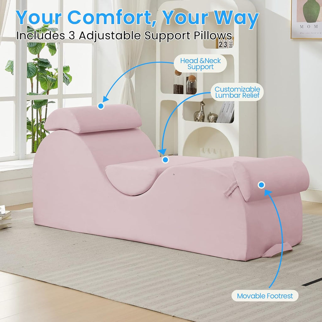 Ijuicy 25 Inch Yoga Stretching Recliner Chair, Soft Velvet Household Workout Training Chair, Indoor Leisure Lounge Chair with Headrest and Movable Footrest for Body Stretching & Daily Relaxation, Pink