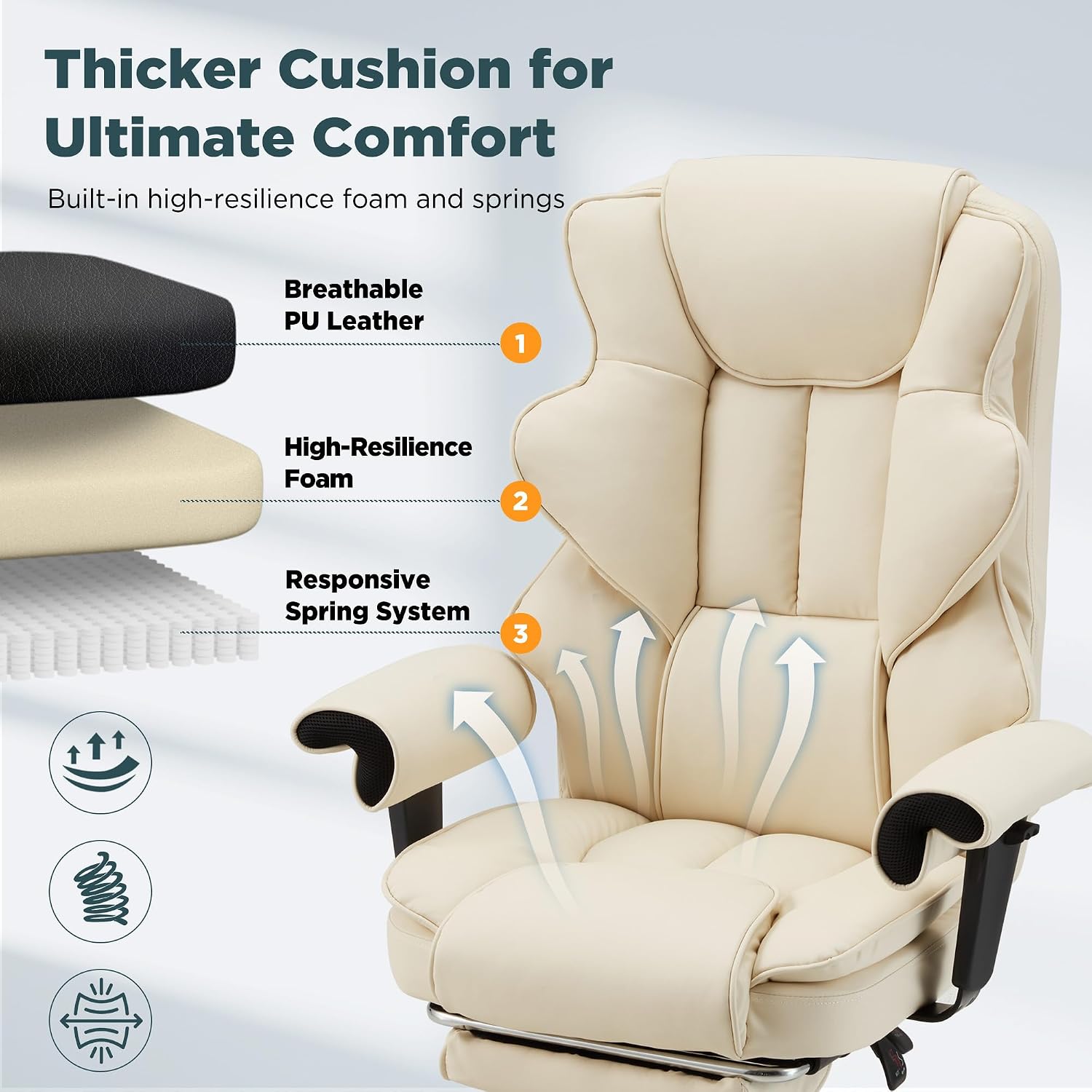 HOMREST Ergonomic Executive Office Chair, 6-Point Massage Manager Chair with Heating Function, Adjustable Backrest Home Office Chair with Adjustable Footrest and Armrests (Beige)