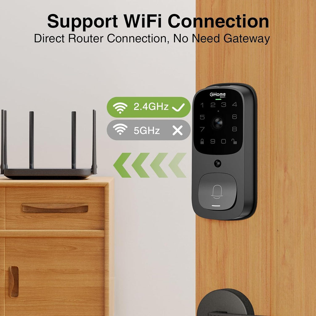 GHome Smart 3 in 1 Door Lock with Fingerprint,WiFi,Keyless Entry Smart Deadbolt, 2K HD Camera, 2.4GHz, App Remote Control, Smart Door Knob with Doorbell