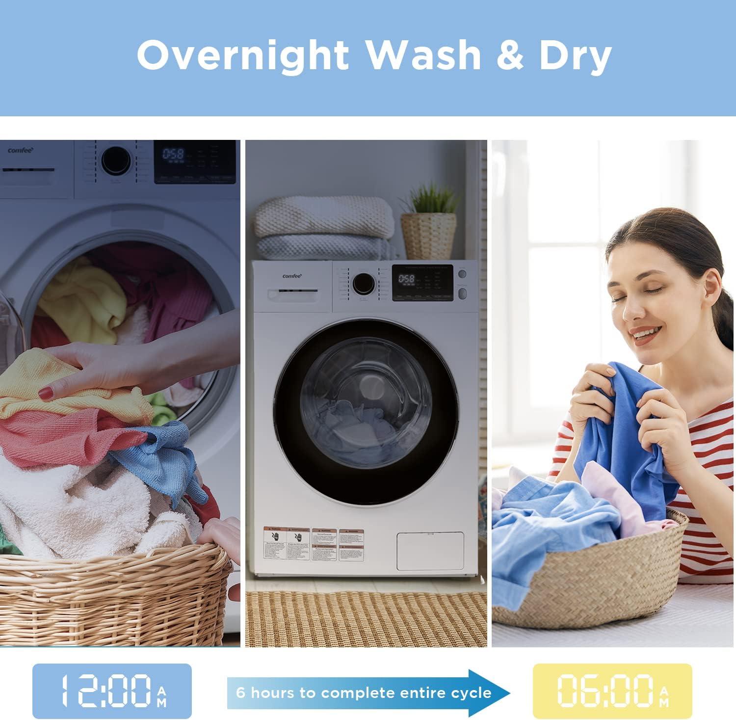 COMFEE' 24' Washer and Dryer Combo 2.7 cu.ft 26lbs Washing Machine Steam Care, Overnight Dry, No Shaking Front Load Full-Automatic Machine, Dorm White