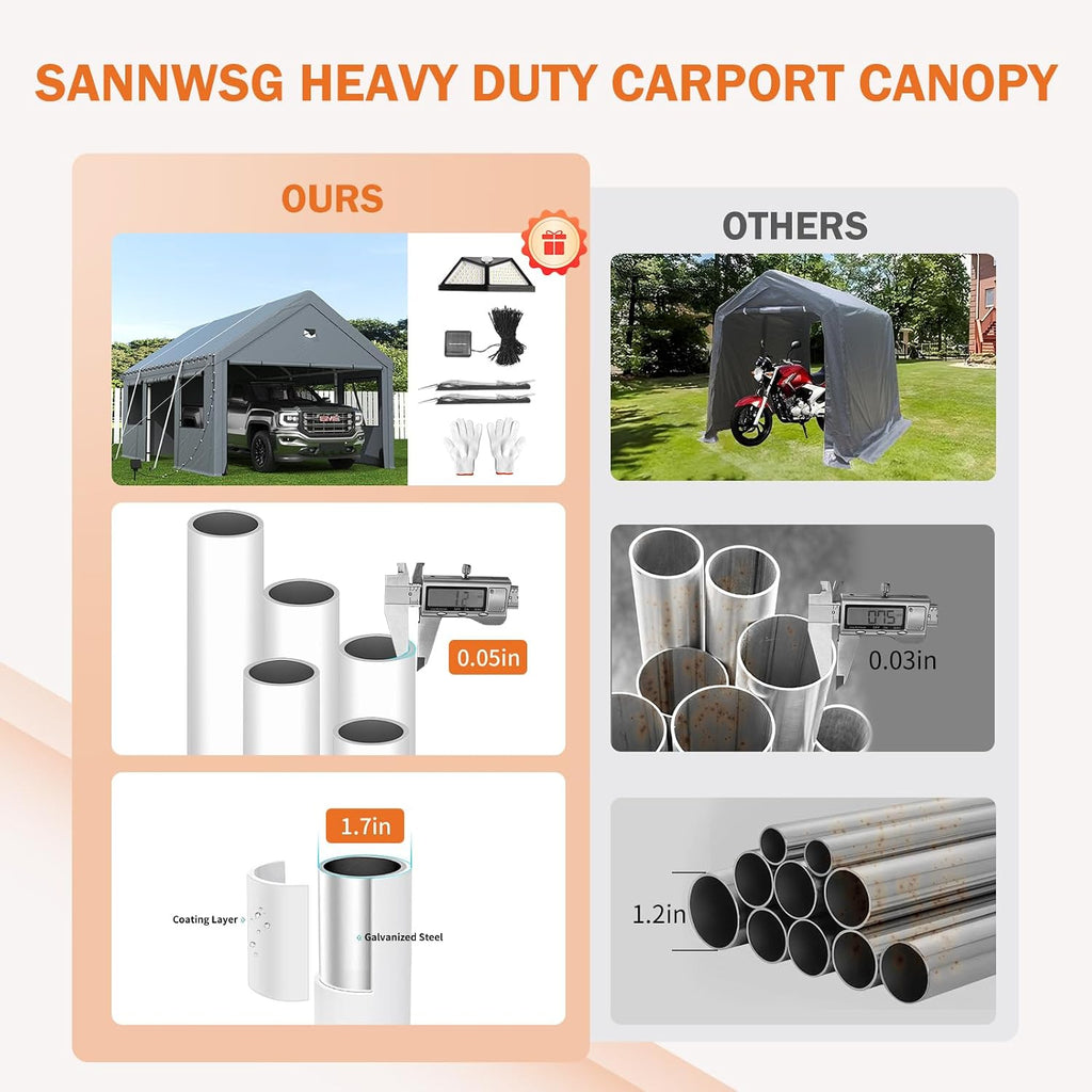 Carports Heavy Duty 10X16，Portable Car Port Garage，Carport Canopy with Side Doors，Outdoor Car Shelter All Weather,Gray
