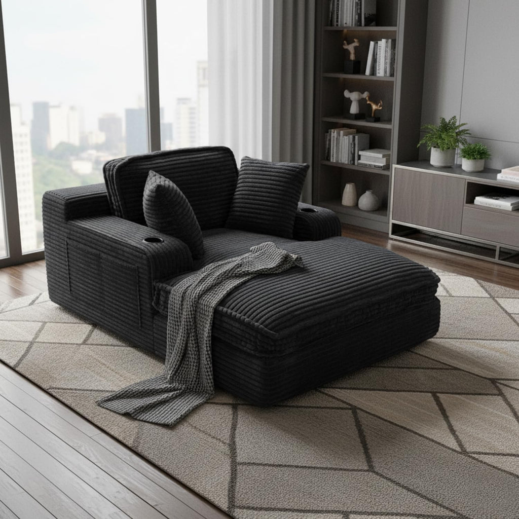 67' Oversized Chaise Lounge Chair Indoor, Soft Boneless Cloud Couch with 3 Pillows, 4 Side Pockets and 2 Cup Holders, Comfy Corduroy Sleeper Couch for Living Room Bedroom
