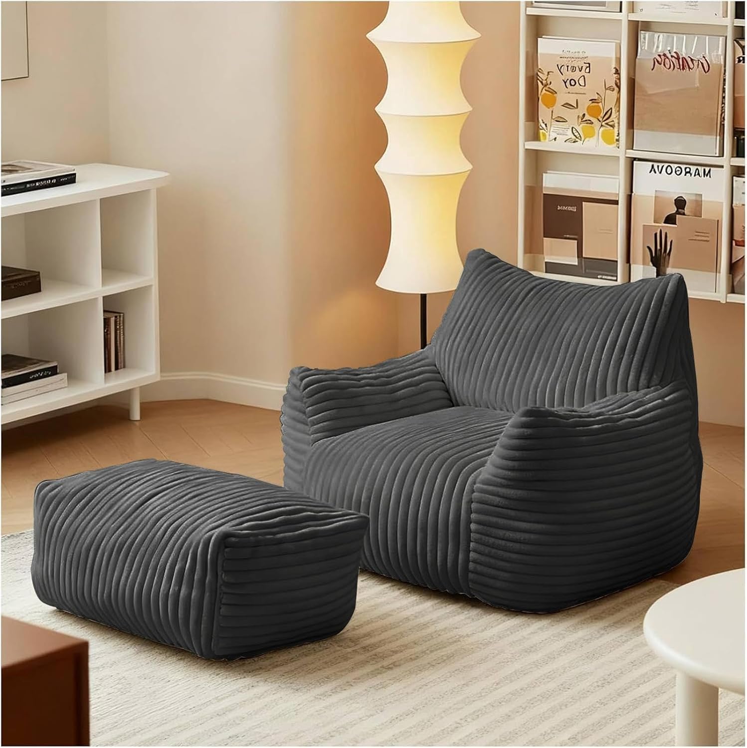 LKD Oversized Bean Bag Chairs for Adults,Bean Bag Chair with arms,Plush Bean Bag,Modern Living Room Decorative Chair,Corner Chair Bedroom,Reading Sofa, Dormitory Lounge Chairs (Black, with Ottoman)