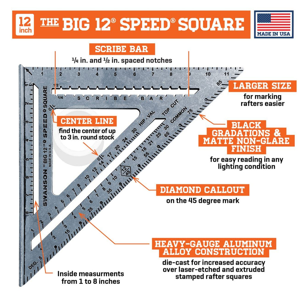 SWANSON Tool Co.,Inc SW1201K Value Pack 7 inch Speed Square and Big 12 Speed Square (Without Layout bar) Ships with Blue Book,(Pack of 12)
