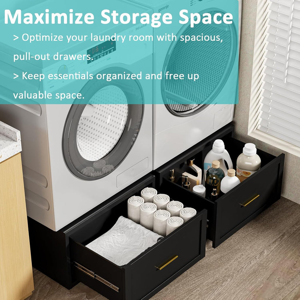 2 Pack Laundry Pedestal with Drawers, Metal Washer Dryer Pedestal Set of 2, 16''H 880 LBS Metal Heavy Duty Laundry Stand, Washer Dryer Pedestal Stand Base with Drawer Storage- White