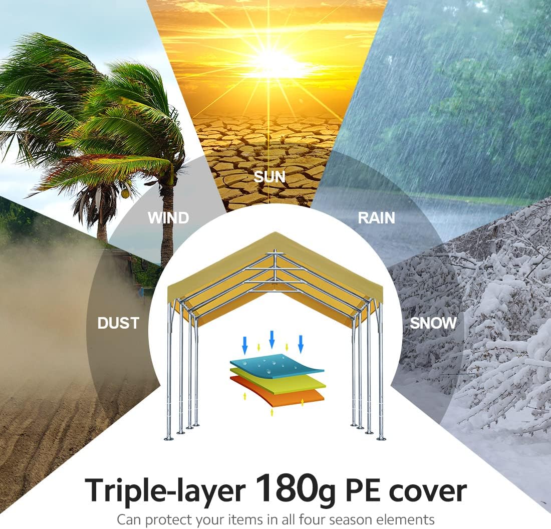 ADVANCE OUTDOOR 12x20 ft Canopy Garage Heavy Duty Carport Car Boat Shelter Party Tent, Adjustable Peak Height from 9.5ft to 11ft, Beige