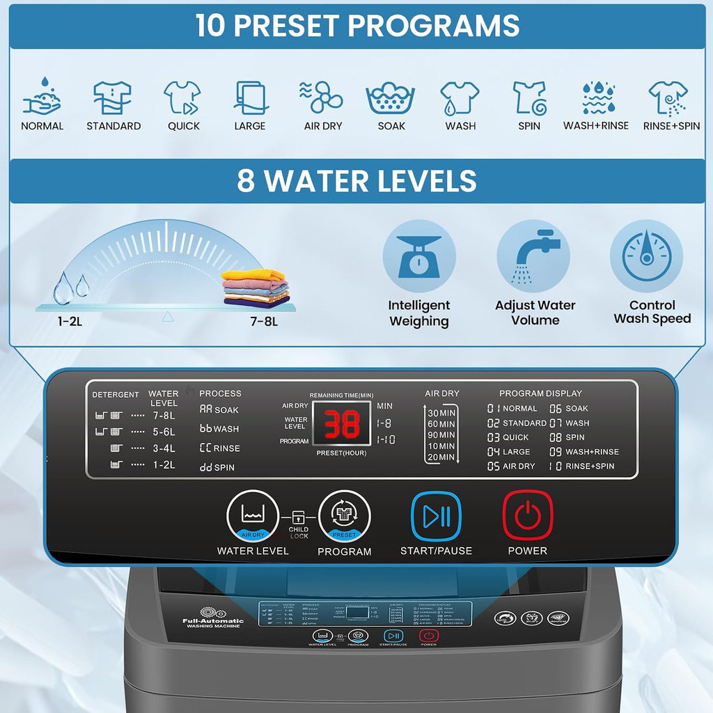Nictemaw Portable Washing Machine 20Lbs Portable Washer Machine with 10 Programs 8 Water Levels, 2.8 Cu.ft Washer and Dryer Combo with Drain Pump, Compact Laundry Machine for Apartment, Home, Rv