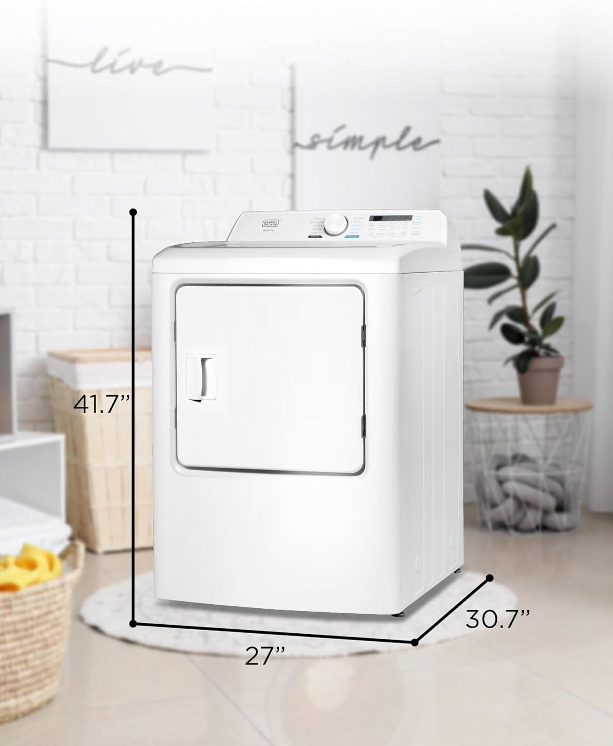 BLACK+DECKER 7.0 Cu. Ft. Front Load Dryer, Electric Clothes Dryer with LED Display and Dial Control, 5 Sensor and Manual Dry Selections, 240V, Requires Professional Installation, BLD67ME, White
