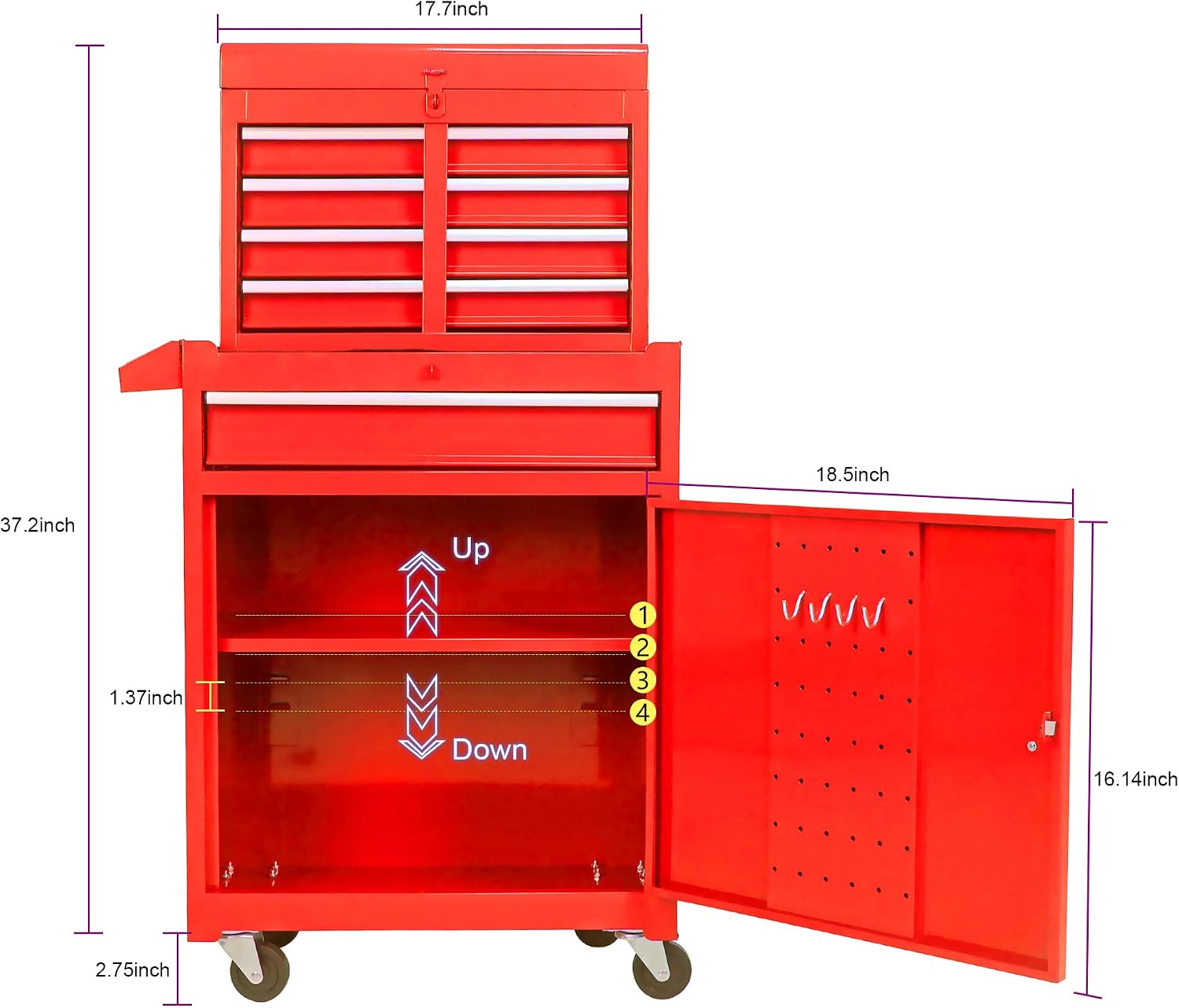 5-Drawer Rolling Tool Chest with Wheels,Tool Cabinet on Wheels with Keyed,Multifunctional Tool Cart on Wheels,Tool Storage Organizer Cabinets for Garage,Warehouse, Repair Shop (Red)
