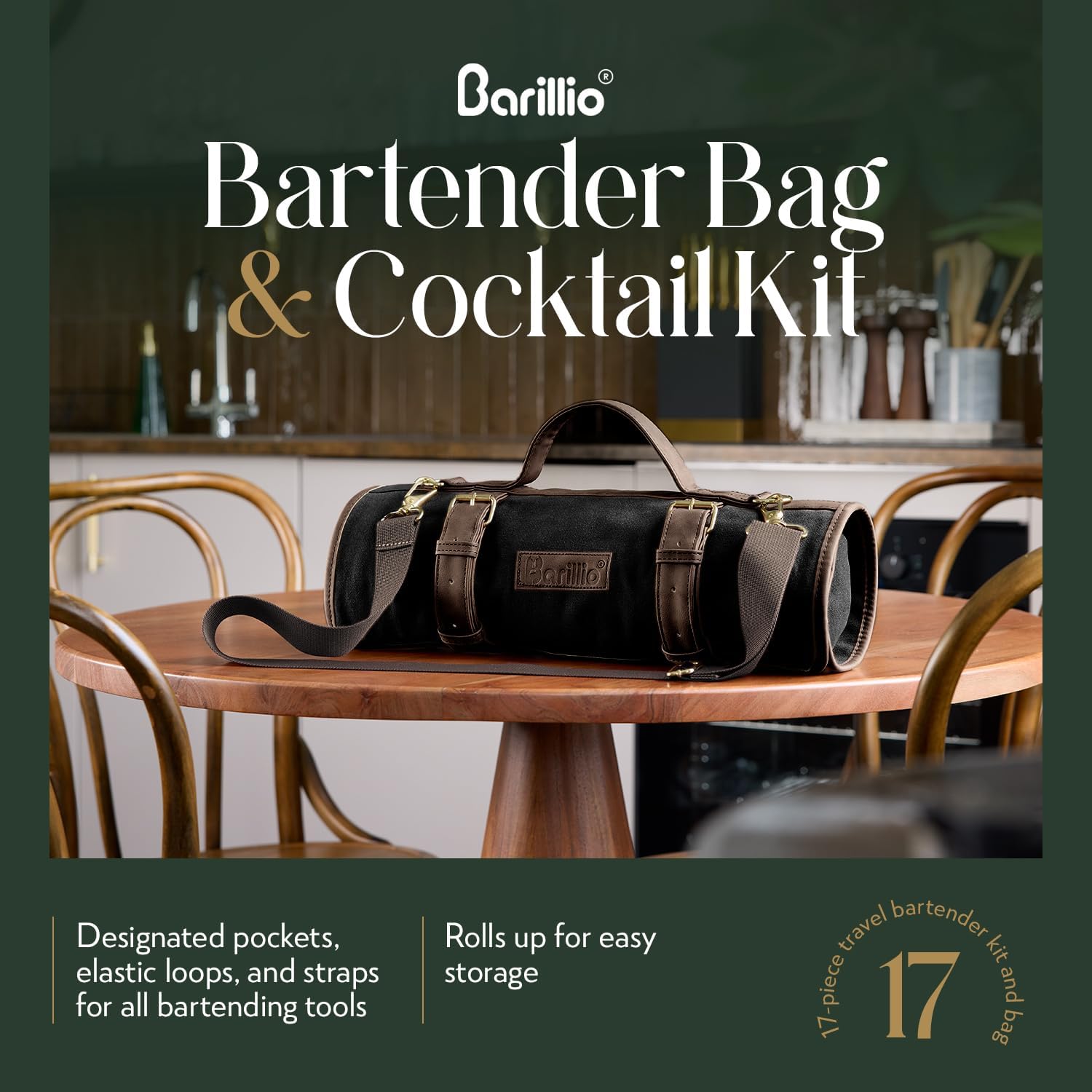 Barillio Bartender Kit Bag with Cocktail Shaker Set - Waxed Canvas, Traveling Bar Tools Bag with 17-Pc Cocktail Kit - Travel Mixology Bartending Kits - Mobile Bar Roll with Strap & Accessories