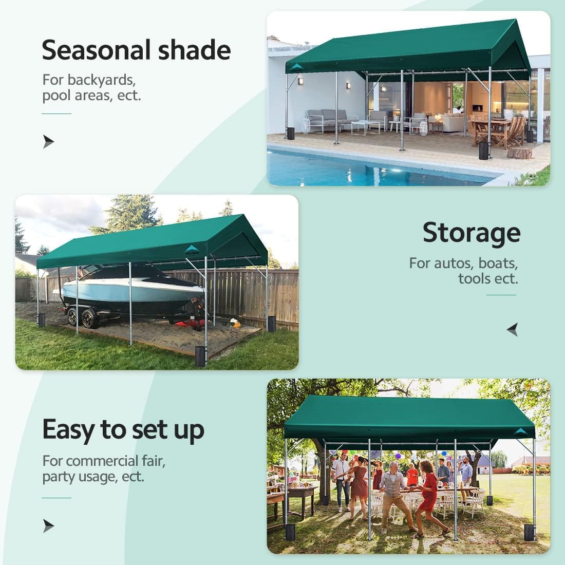 ADVANCE OUTDOOR 12x20 ft Canopy Garage Heavy Duty Carport Car Boat Shelter Party Tent, Adjustable Peak Height from 9.5ft to 11ft, Green