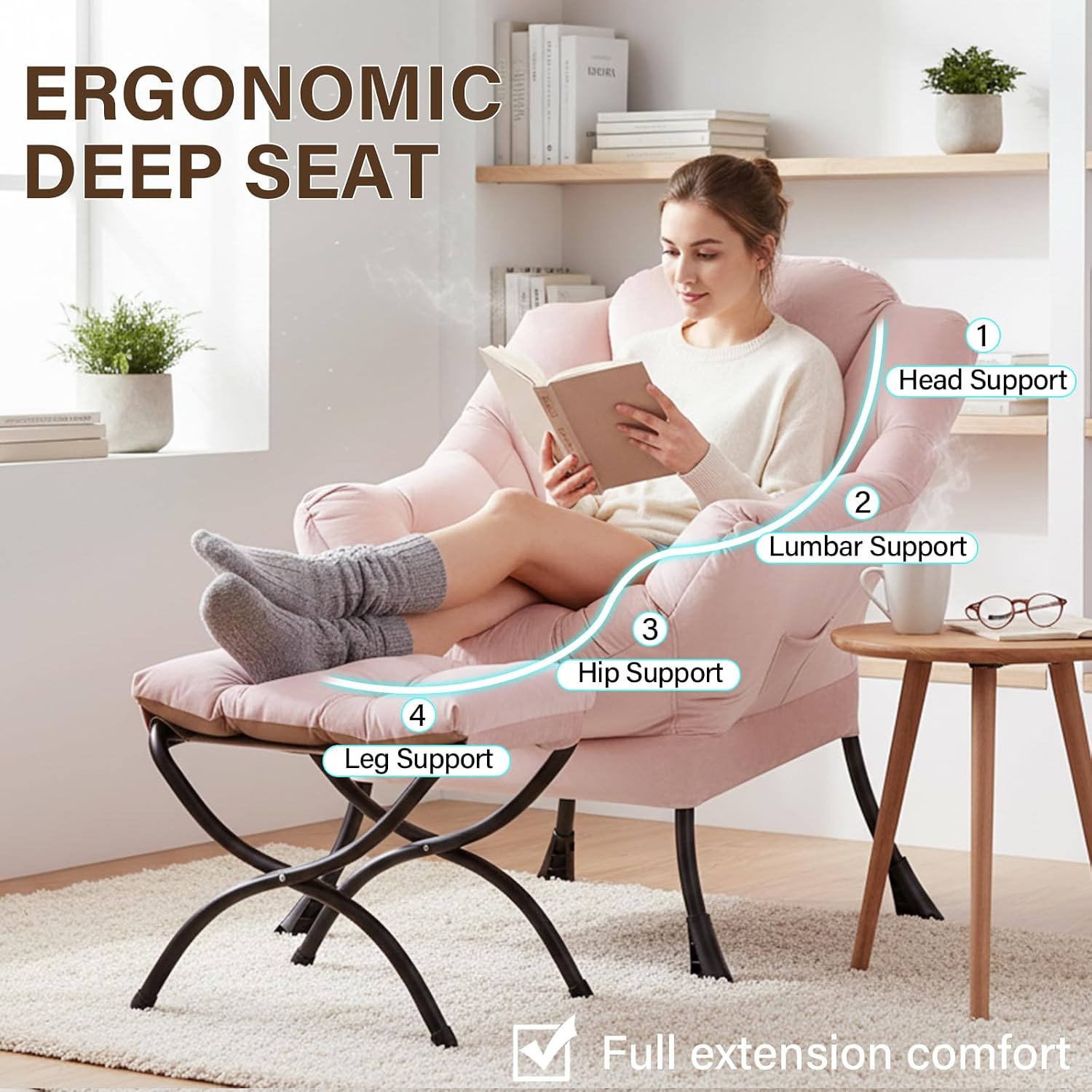 Welnow Lazy Chair with Ottoman, Modern Accent Chair with Armrests and a Side Pocket, Leisure Sofa Armchair, Reading Armchair with Footrest for Small Space, Pink
