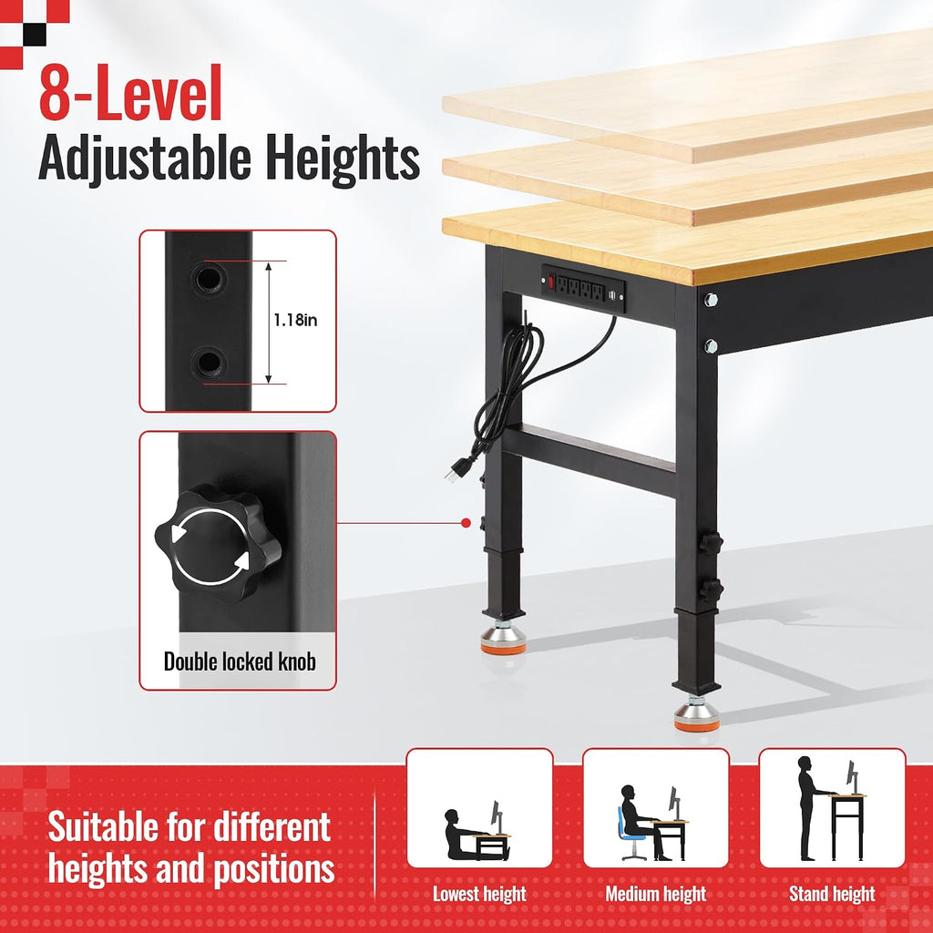 48 * 20'' Adjustable Workbench, 2000 LBS Load Capacity Heavy Duty Workstation with Power Outlets, Rubber Wood Top Worktable for Garage, Office,Workshop, Commercial