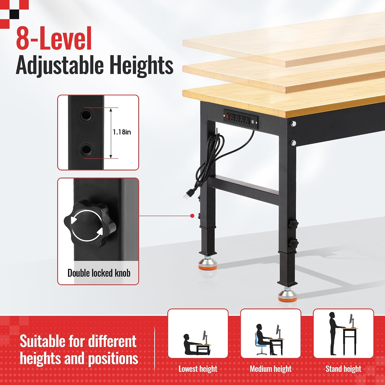 48 * 20'' Adjustable Workbench, 2000 LBS Load Capacity Heavy Duty Workstation with Power Outlets, Rubber Wood Top Worktable for Garage, Office,Workshop, Commercial