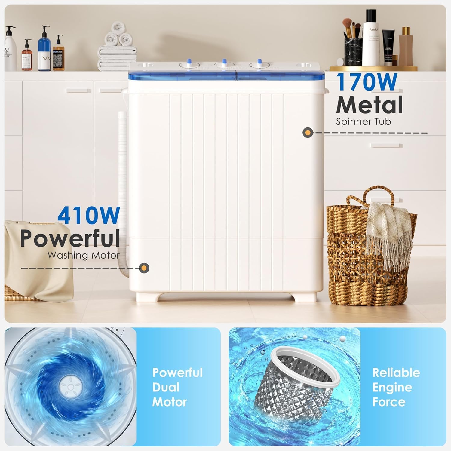 28lbs Portable Twin Tub Washing Machine & Spin Dryer Combo-Silver Ion Deep Cleaning, Dual Timer Control, Gentle/Normal Modes, Mini Laundry for Apartment, Dorm, RV, Camping (Blue)