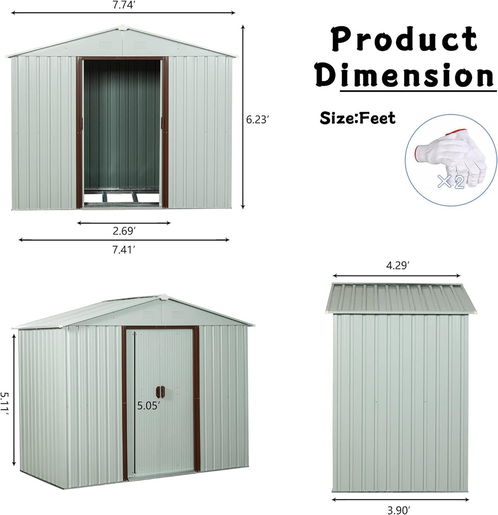 8 x 4 FT Outdoor Storage Shed, Metal Garden Shed with Floor Frame, Tool Shed Outdoor Storage with Lockable Sliding Doors & Air Vents, Storage House Waterproof for Backyard, Lawn, White
