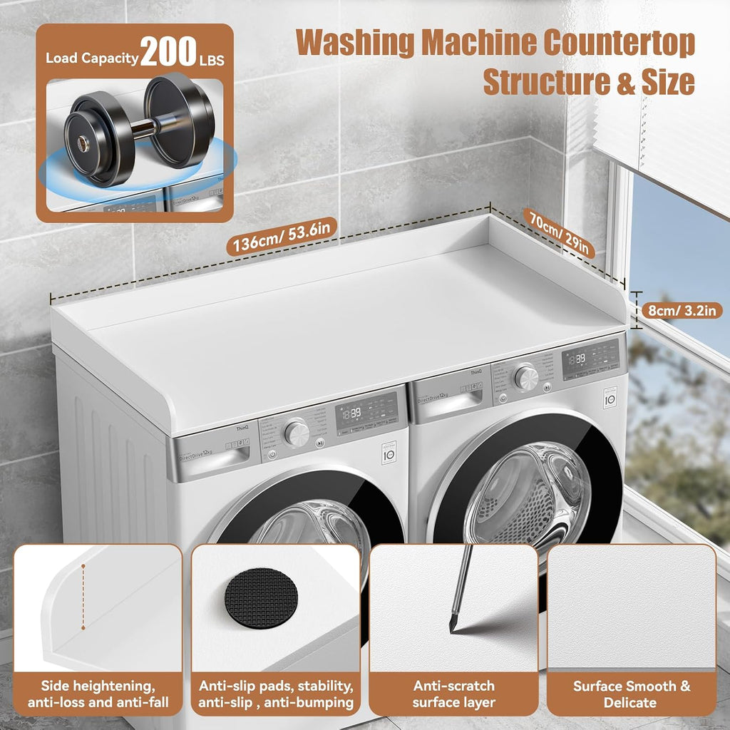 Washer Dryer Countertop, 27.5' D x 54' W Washer and Dryer Topper Covers with Edge Rails, Wood Laundry Room Countertop Shelves for Laundry Room Organization and Storage (White)