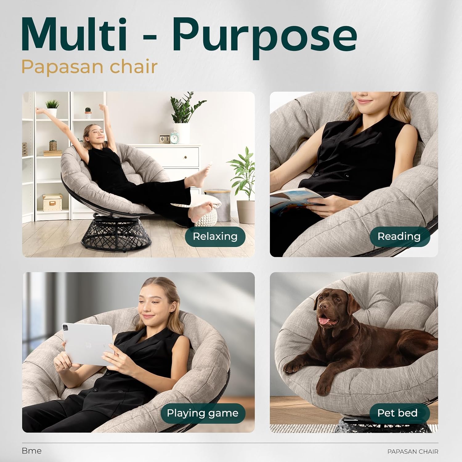 Bme 40' Ergonomic Wicker Papasan Chair with Soft Thick Cushion & Frame, 360° Swivel Papasan Chair, Circle Chair, Reading Chair, Chair for Living Room, Bedroom, Silver Cloud - Black Frame