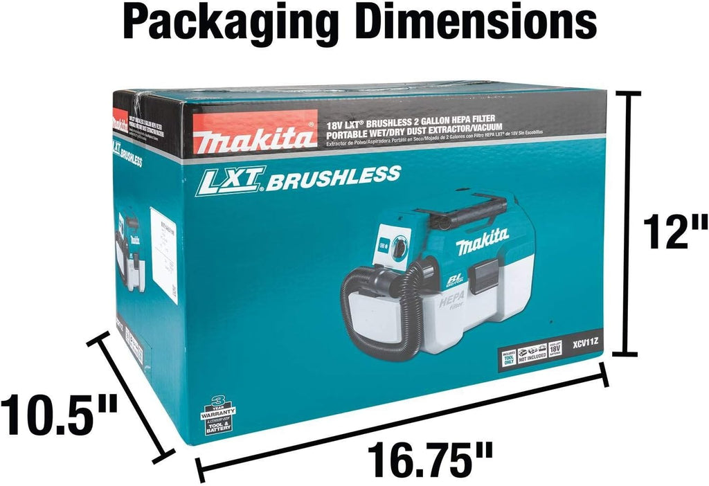 Makita XCV11Z 18V LXT Lithium-Ion Brushless Cordless 2 Gallon HEPA Filter Portable Wet/Dry Dust Extractor/Vacuum, Tool Only