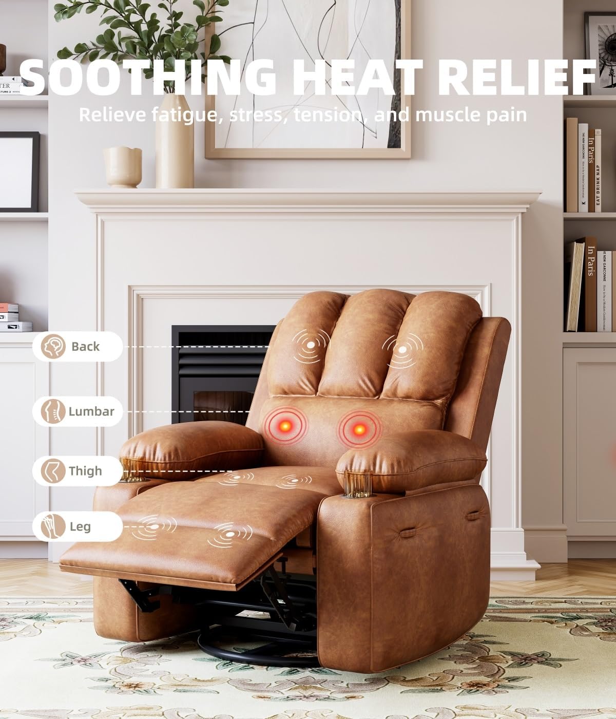 Oversized Recliner Chairs with Massage and Heat, Leather Recliner Chair for Adults, Manual Chair with Cup Holder for Living Room, Bedroom and Nursery (Coffee-1)