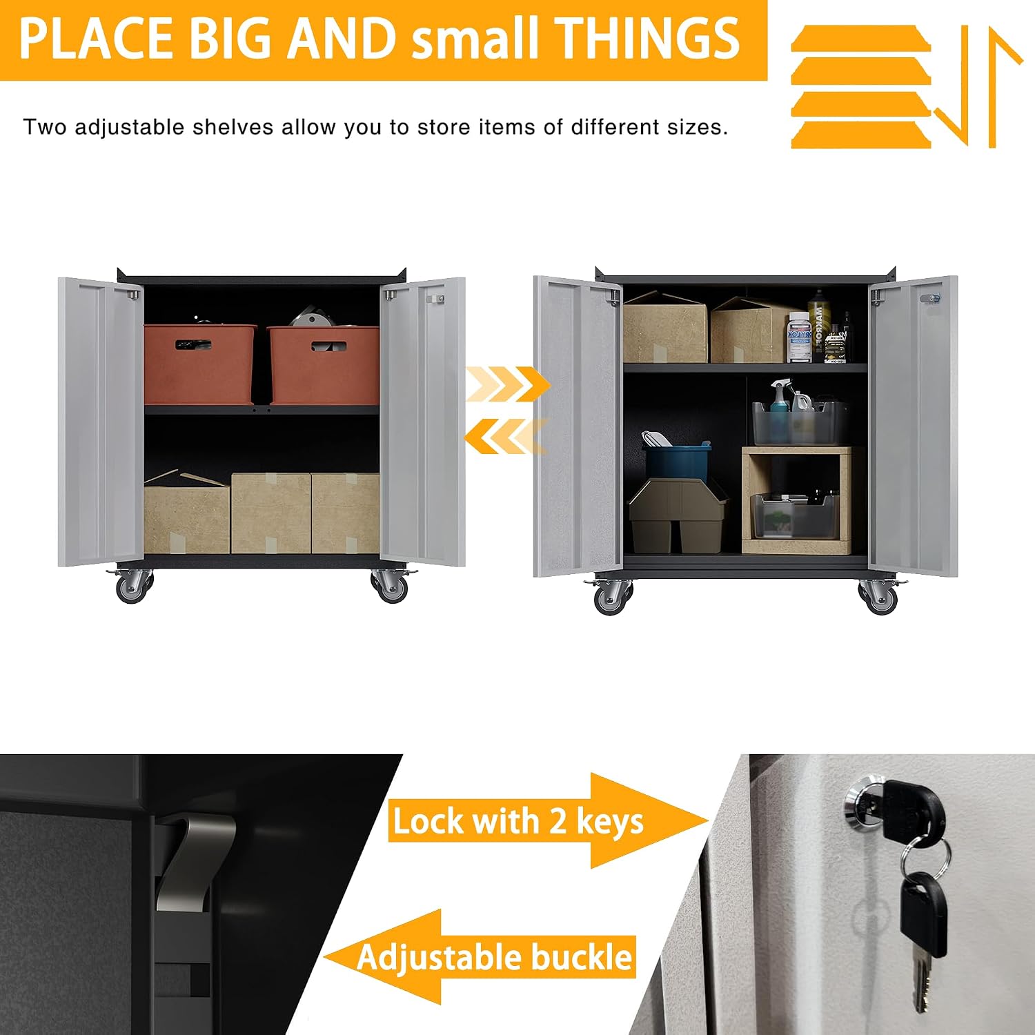 35.43' H Metal Garage Storage Cabinet on Wheels,Rolling Tool Storage Cabinet with 2 Locking Doors,Mobile Lockable Garage Storage Cabinets for Home,Warehouse,Basement