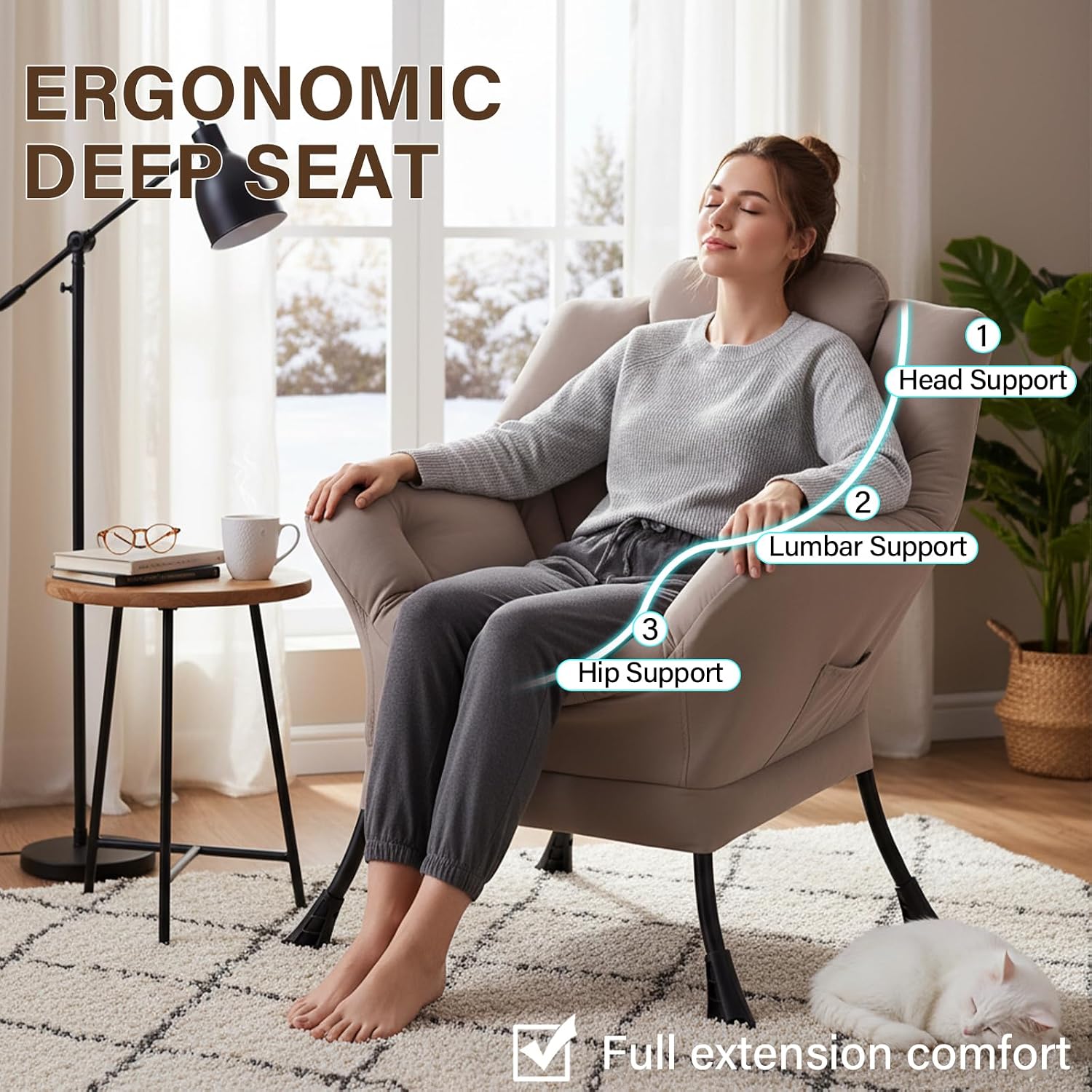 Welnow Khaki Single Lazy Chair for Living Room, Modern Reading Accent Chair with Armrests and a Side Pocket, Leisure Lazy Sofa Chair for Small Space, Bedroom, Dorm