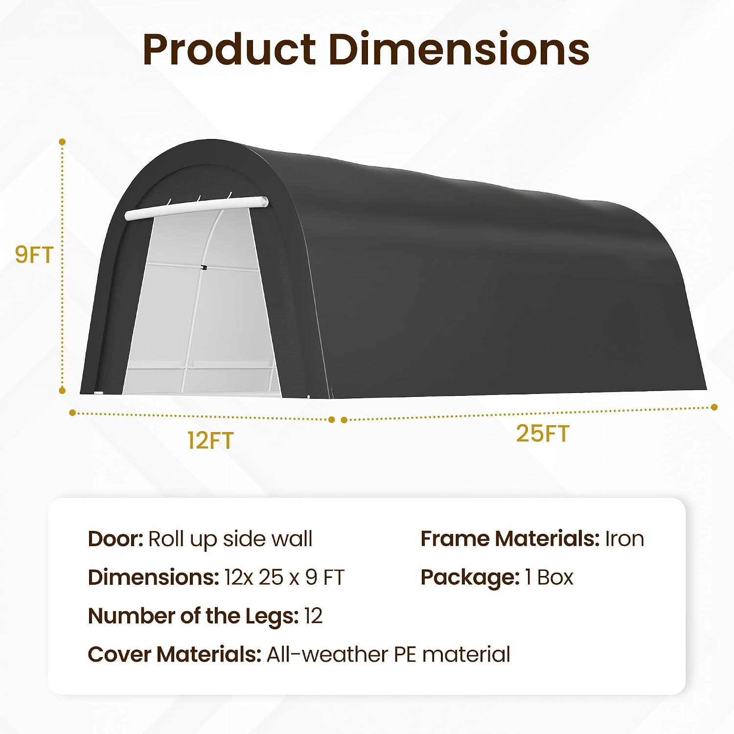 Heavy Duty Carport 12X25FT, Portable Garage with 2 Roll Up Doors Vents and Metal Round Roof, Outdoor Storage shed Car Port Canopy Tent for Garden Tools, Vehicle Truck Boat, Party, Dark Gray