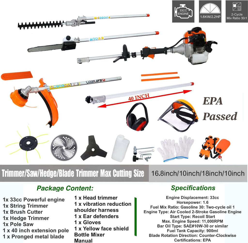 33cc 2-Cycle Gas Multi-Trimmer | 10-in-1 String Trimmer w/Rotatable 40' Pole Saw, Weed Eater Weed Wacker, Brush Cutter & Hedge Trimmer Gas for Lawn, Yard, Garden Care, All-in-one Garden Tool