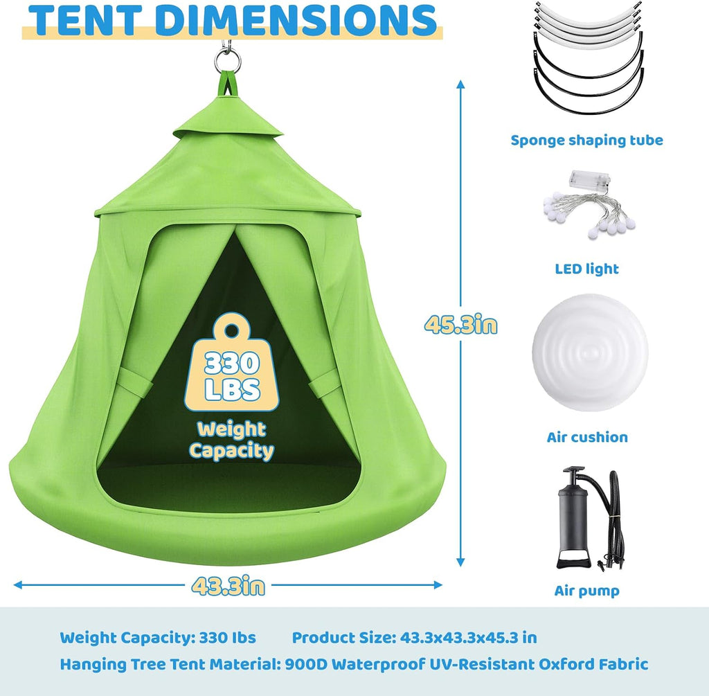 Swing Set with Tent Swing, X-Shaped Swing Frame with Sensory Swing, Tent Swing with Swing Stand, Hammock Chair with Stand, 330 lbs Capacity, w/Rainbow Lights String, Indoor/Outdoor Use(Green)