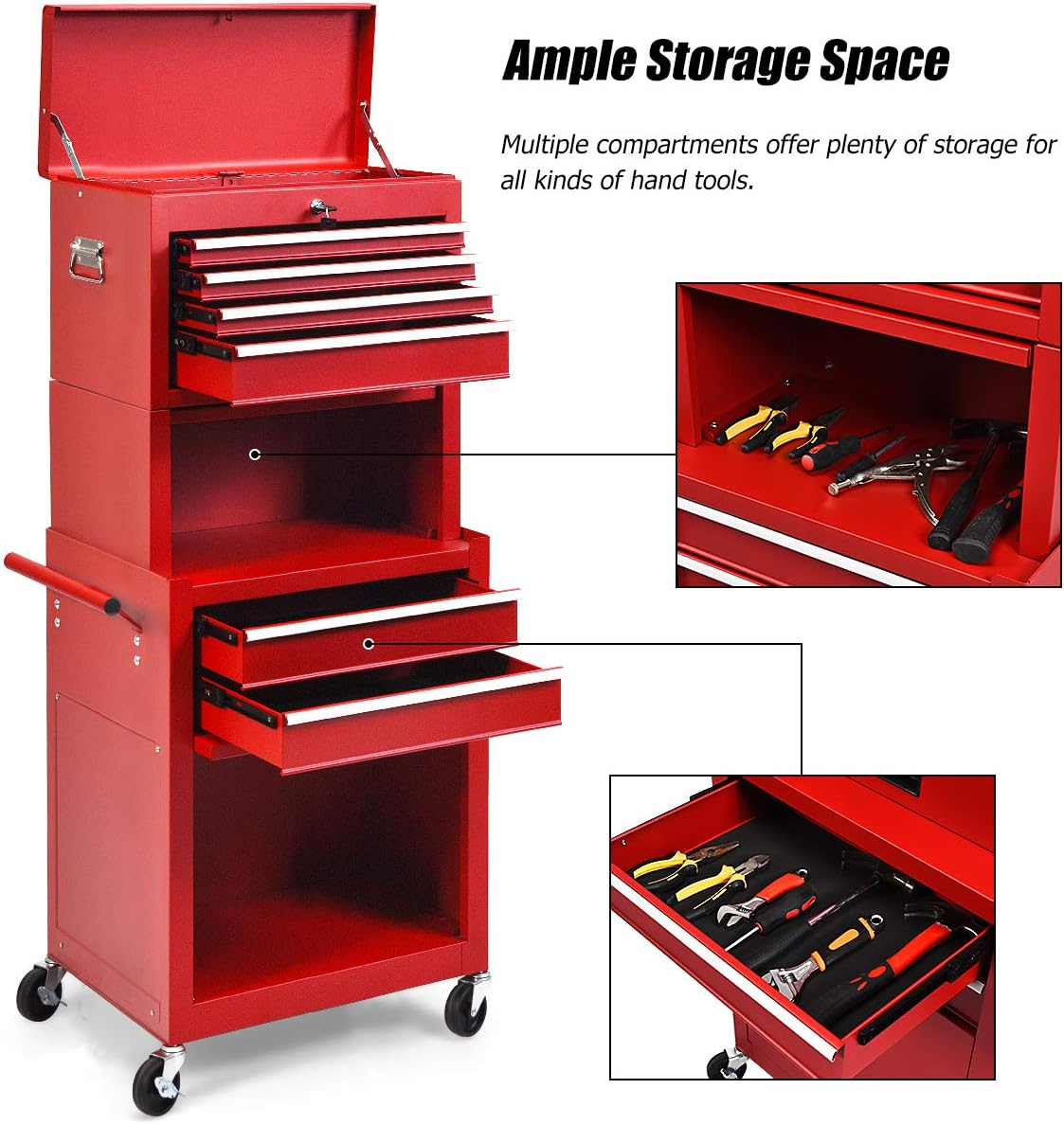 S AFSTAR 6-Drawer Rolling Tool Chest, High Capacity Tool Storage Cabinet with Wheels and Locking System, Removable Toolbox Organizer with Sliding Drawers (Red)