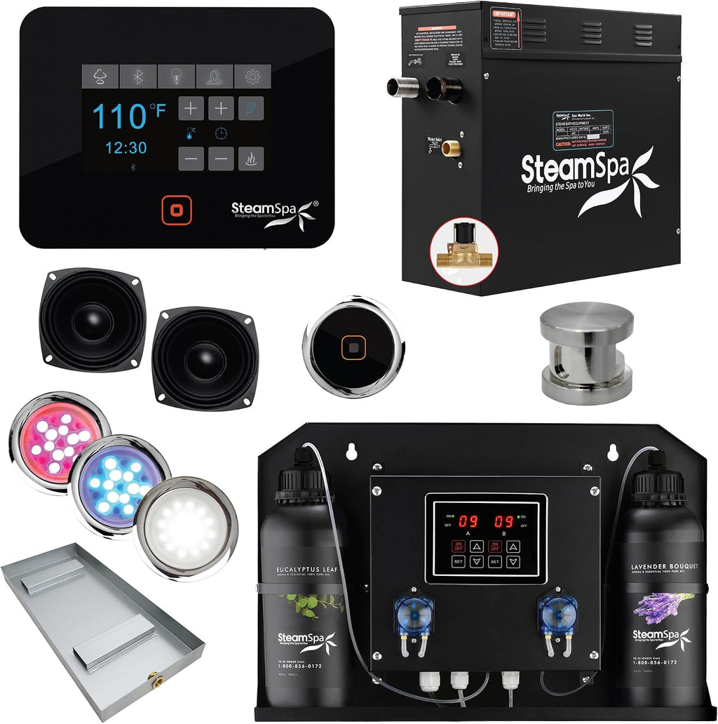 Steam Shower Generator Kit | Brushed Nickel + Auto Drain Combo| Dual Bottle Aroma Oil Pump | Steam Sauna Spa Stall Package|Touch Screen Wifi App/BT Control Panel |9 kW Raven | RVB900BN-ADP