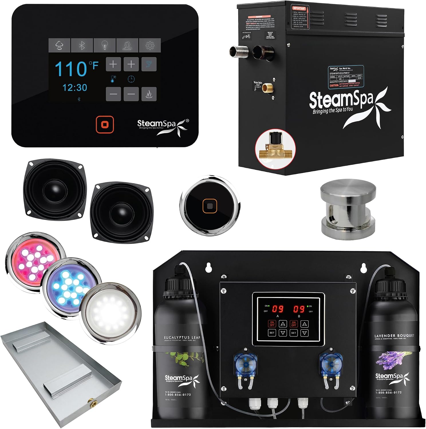 Steam Shower Generator Kit | Brushed Nickel + Auto Drain Combo| Dual Bottle Aroma Oil Pump | Steam Sauna Spa Stall Package|Touch Screen Wifi App/BT Control Panel |9 kW Raven | RVB900BN-ADP