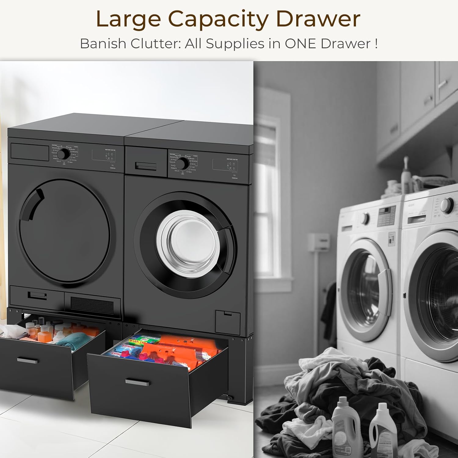 SKM Washer and Dryer Pedestal with Drawer, Laundry Pedestal for Washer and Dryer Stand, Heavy Duty Steel Washing Machine Stand Height Raiser (2, black, 28' W x 29' D x 14' H)