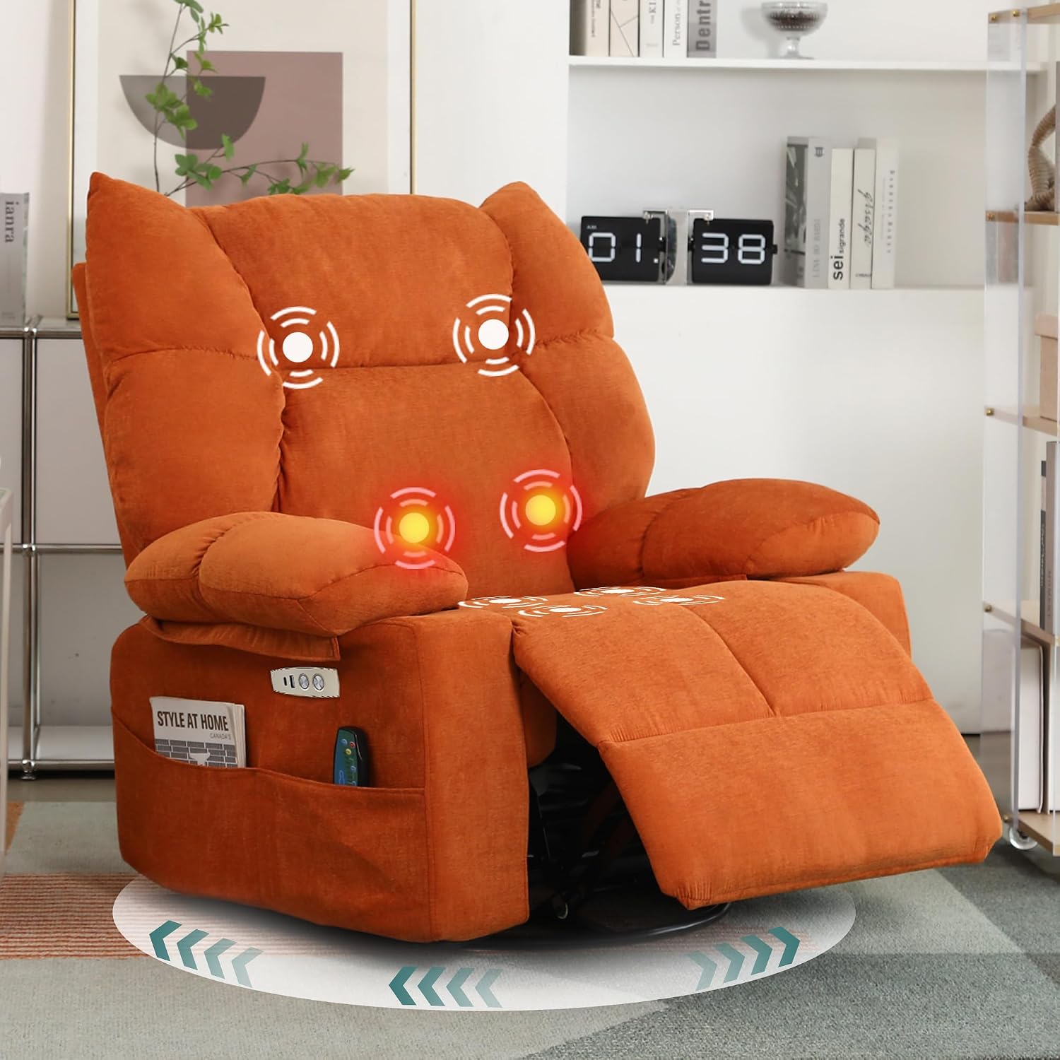 Power Swivel Rocker Recliner Chair Oversized for Adults, Electric Heated & Massage Chair Recliner with USB/Type-C, Fabric Nursery Recliner for Living Room,Bedroom, Orange