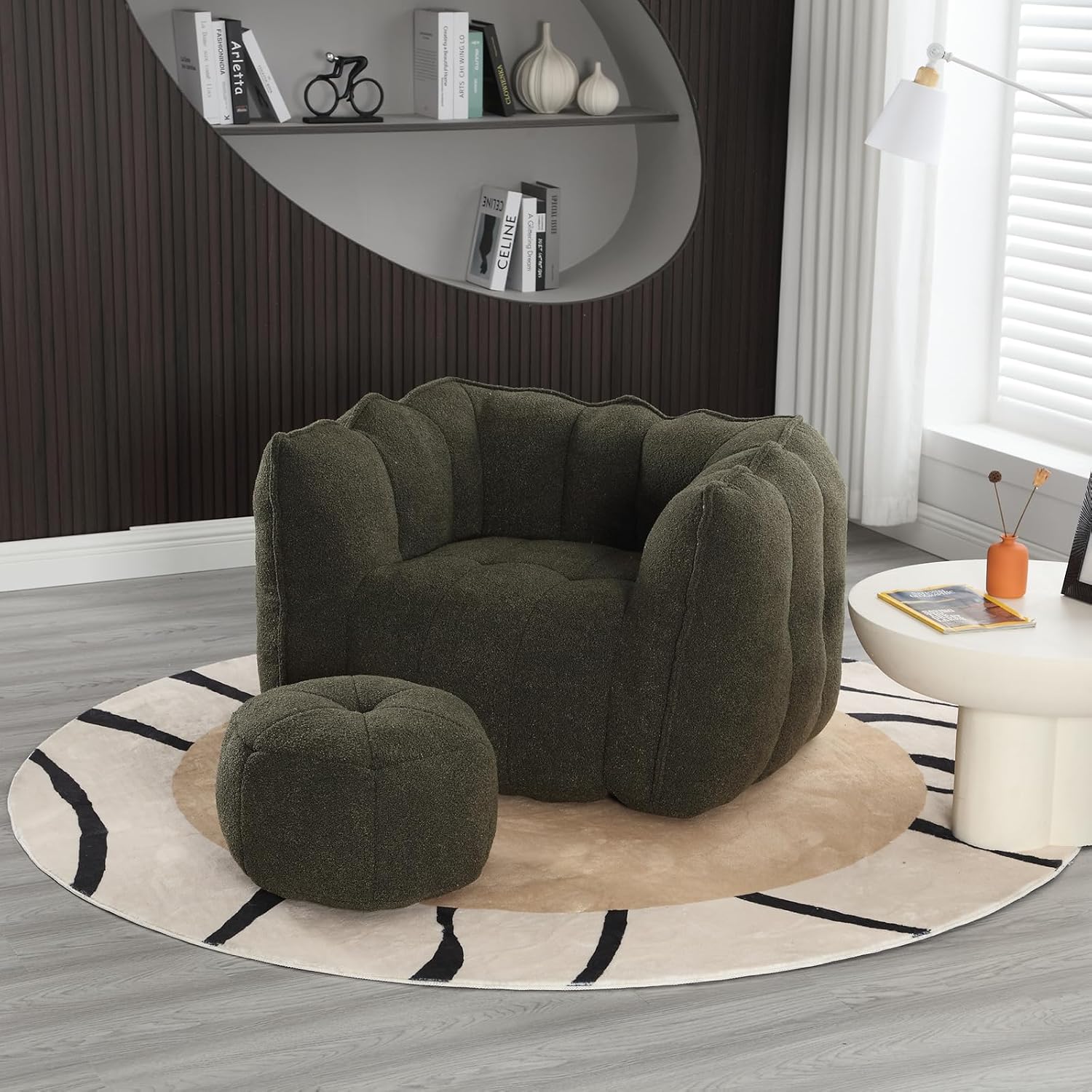Giant Bean Bag Chair with Ottoman, Oversized Beanbag Chair for Adults, Comfy Floor Sofa Chair with Foam Filler, Pumpkin Lazy Lounger for Living Room, Game Room, Reading Corner, Chenille Olive Green