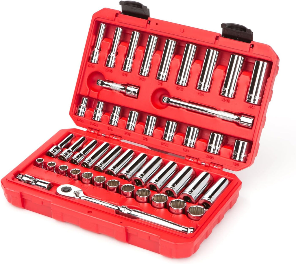 TEKTON 3/8 Inch Drive Shallow and Deep 12-Point Socket and Ratchet Set with Case, 46-Piece (5/16-3/4 in., 8-19 mm) | SKT15302