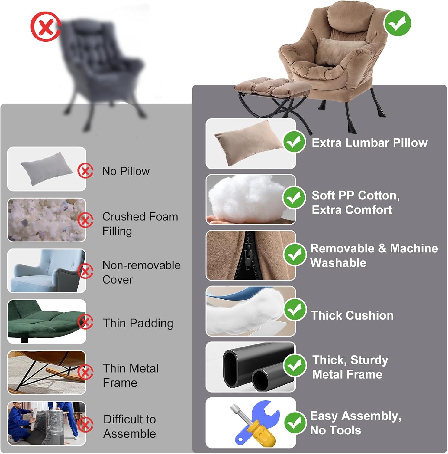 Lazy Chair with Ottoman, Modern Accent Chair with Lumbar Pillow, Velvet Khaki Sofa, Armchairs with Folding Footrest, Oversized Supportive Chairs for Bedroom, Reading