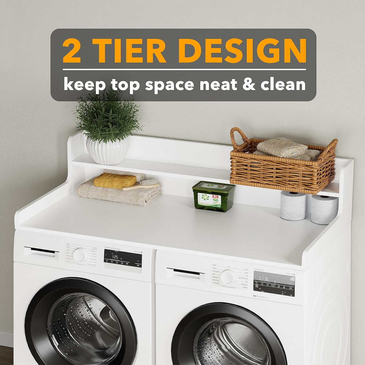 SpaceAid Washer Dryer Countertop with 2-Tier Shelf, Wood Topper with Edge, 54' Width x 27.5' Depth Cover Organizer Guard for Washer and Dryer Counter Laundry Hamper Storage (White)