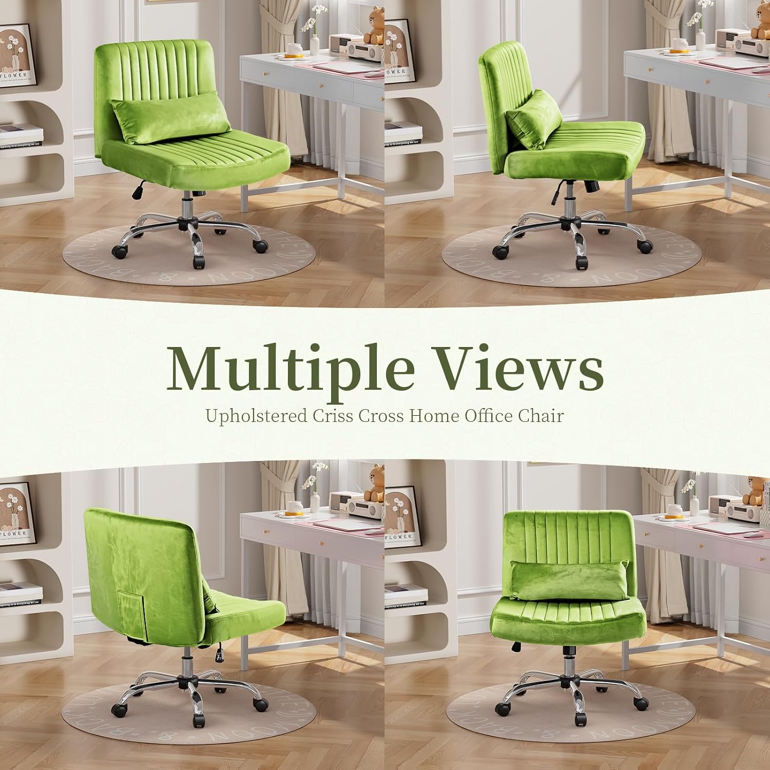 Warmiehomy Velvet Cross Legged Office Chair, Comfy Desk Chair for Home Office, Criss Cross Chair with Wheels, Height Adjustable Vanity Chair, Swivel Wide Seat Computer Chair Gift, Velvet Moss Green