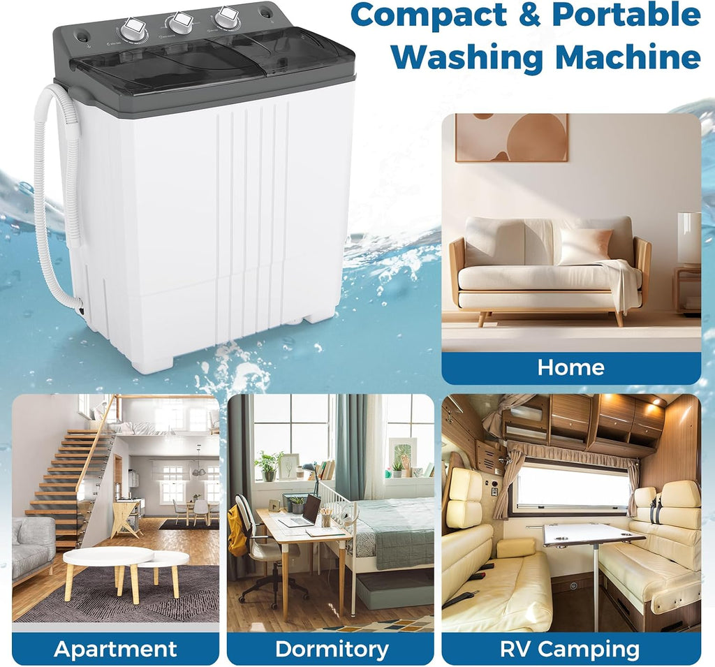 COSTWAY Portable Washing Machine, Twin Tub 20 Lbs Capacity with Drain Pump, Laundry Washer 12 Lbs and Spinner 8 Lbs with Timer Control, Perfect for Apartment Dorm RV, Grey+White