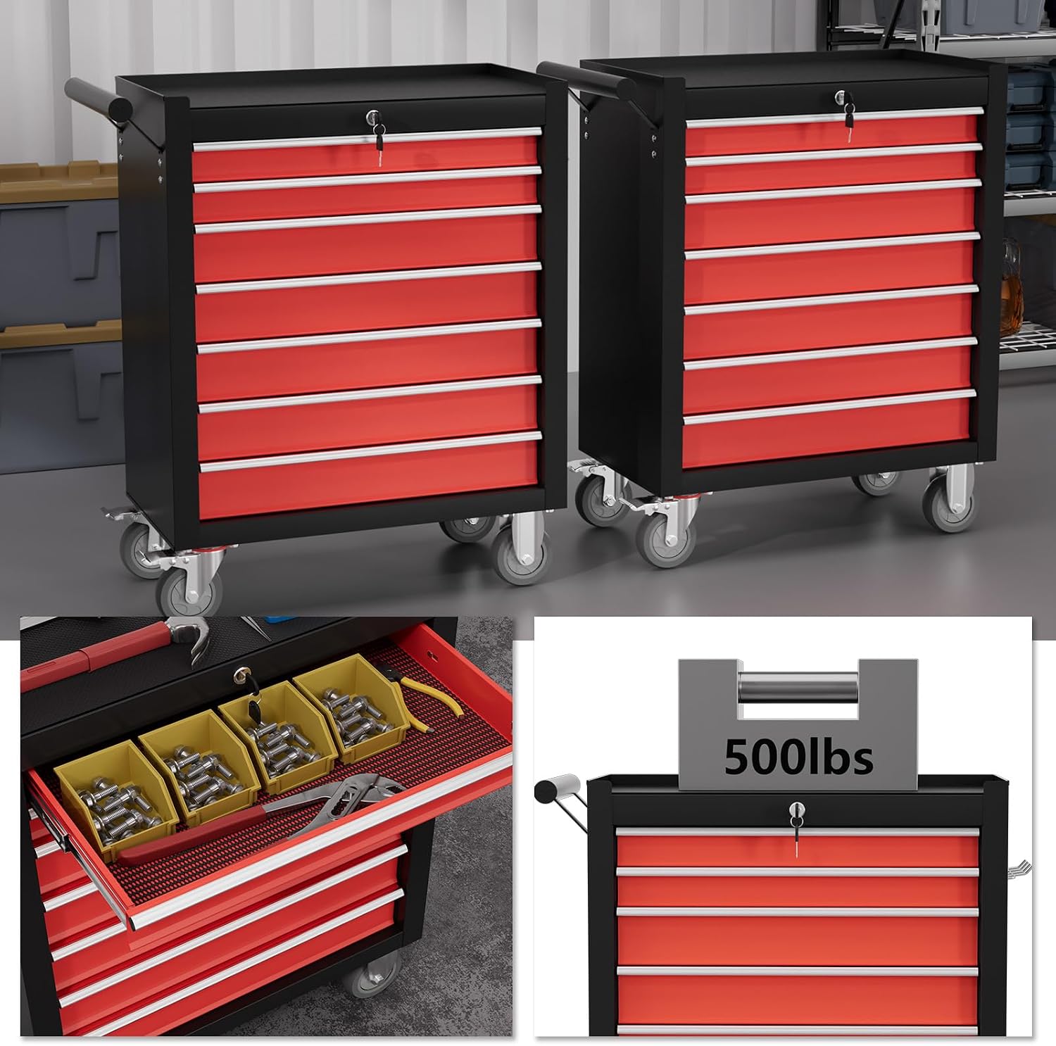 7-Drawer Tool Chest,Rolling Tool Cart with Wheels,High Capacity Tool Cabinet with Locking System for Garage, Warehouse, Workshop-Black&Red