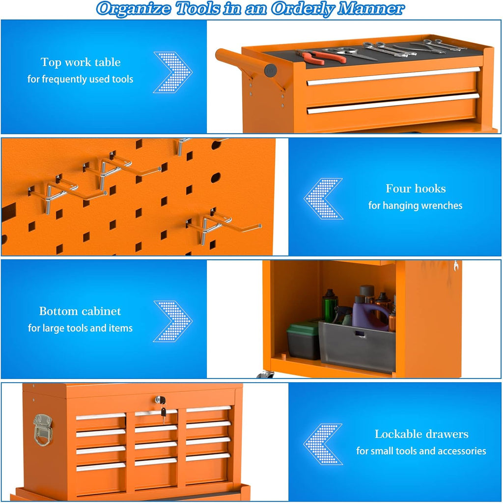 Go Big 8-Drawers Tool Chest Tool Box, Rolling Tool Chest with Wheels, Rolling Tool Box with Wheels, Garage Tool Storage Cabinet on Wheels, Locking System Toolbox(Orange)