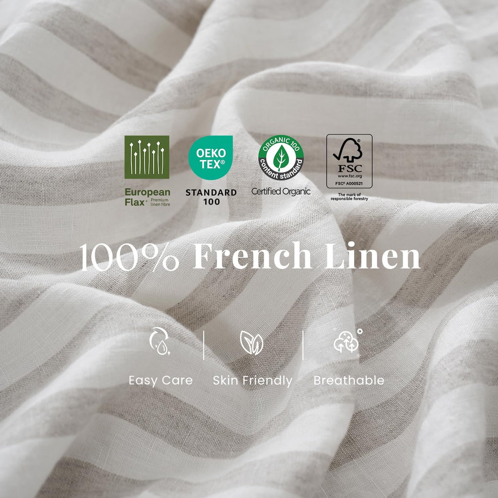 S VICTORY SYMBOL 100% Organic Linen Sheets Set,Yarn Dyed Classic Beige Striped Sheets,French Natural Flax Bedding Set Queen Size,4pcs Farmhouse Bed Sheets,Moisture-Wicking