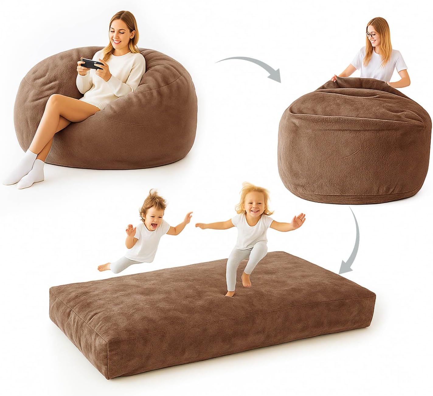 Adult Bean Bag Chair Bed, Bean Bag Sofa with Filling, Memory Foam, Comfortable Floor Sofa Bed, Boneless Floor Chair, Suitable for Living Room Bedroom Dormitory Balcony Lounge (Brown, Chair Bed)