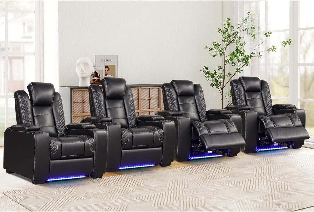 ANJ Power Recliner Chair Set of 4, Electric Recliner with Adjustable Headrest, Dual Motor Home Theater Seating with USB Port, Cup Holders, LED Lights, Hidden Arm Storage – PU Leather,Black