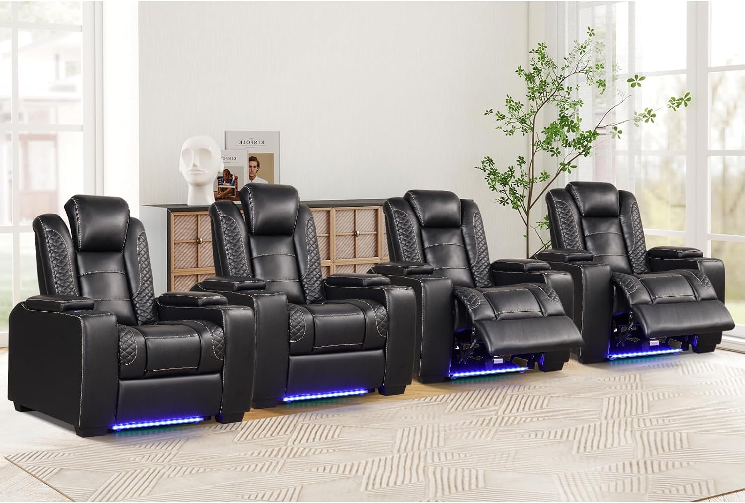 ANJ Power Recliner Chair Set of 4, Electric Recliner with Adjustable Headrest, Dual Motor Home Theater Seating with USB Port, Cup Holders, LED Lights, Hidden Arm Storage – PU Leather,Black